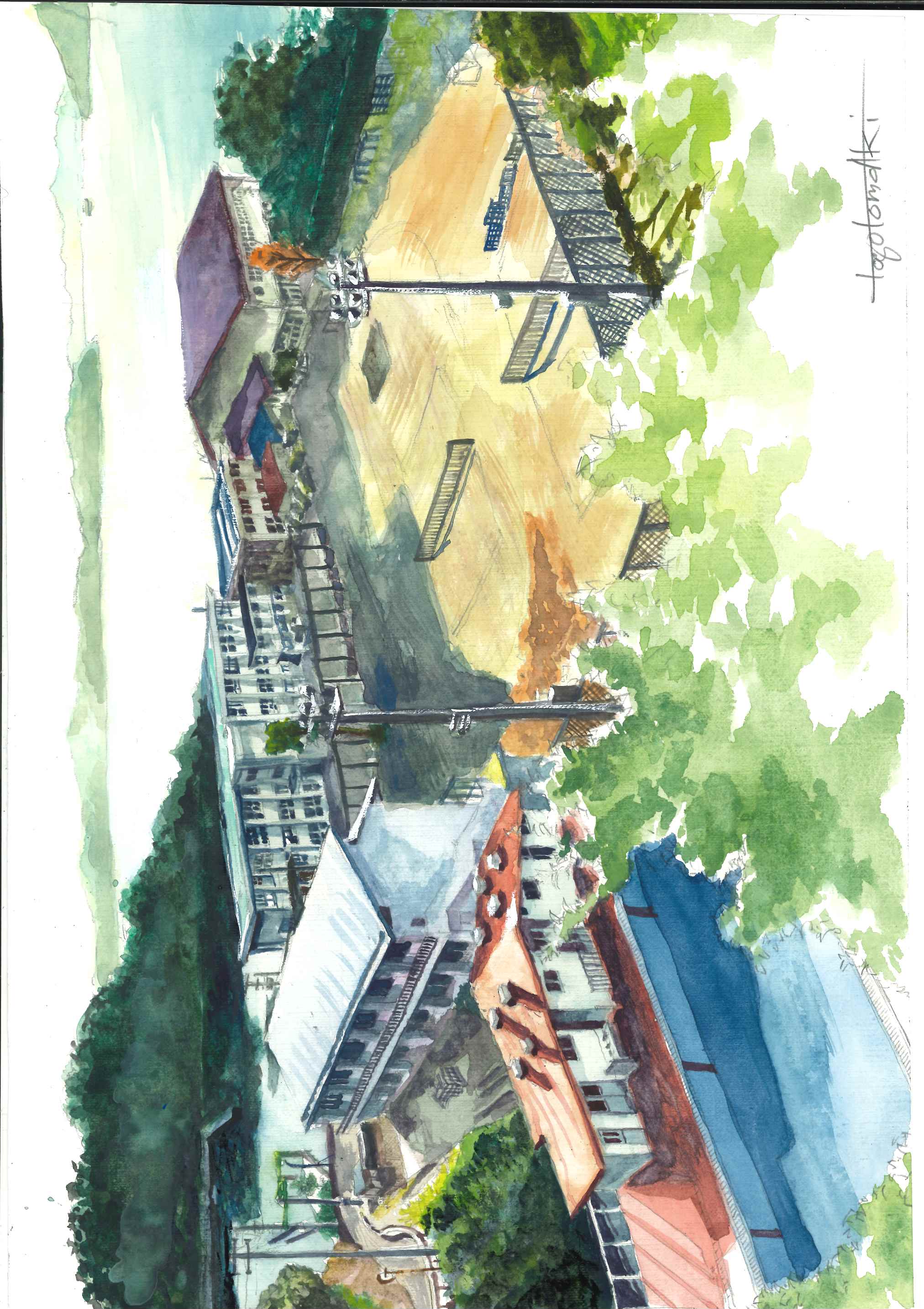 獅子島の町並みを描いた水彩画